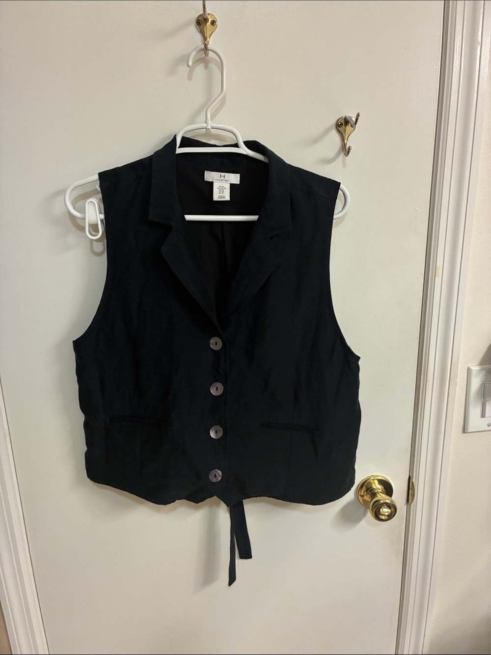 H by Halston Black Sleeveless Button-Front Vest Sz XL-Linen Blend.